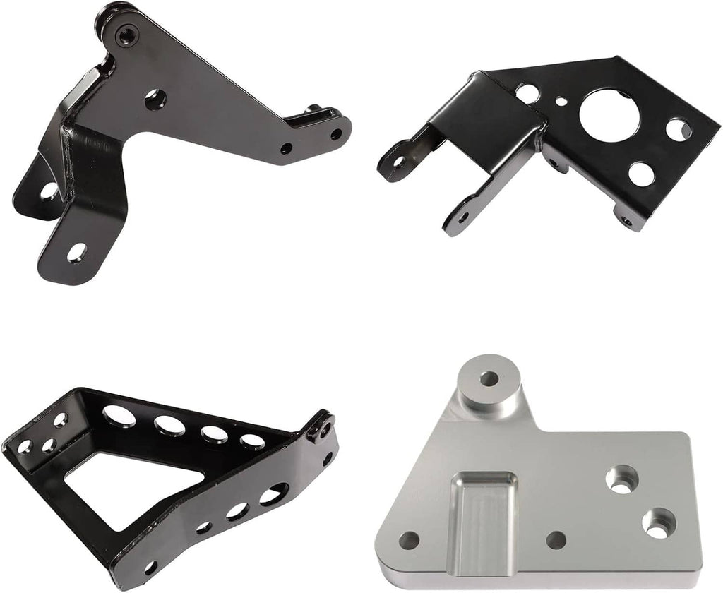 Engine mount bracket set with black stamped brackets and a silver mounting bracket
