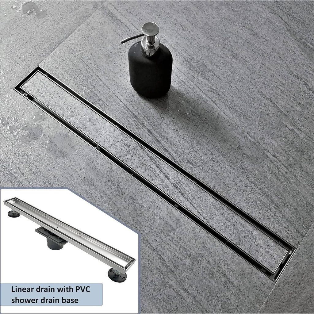 Stainless linear shower drain with black channel slot and circular water outlet
