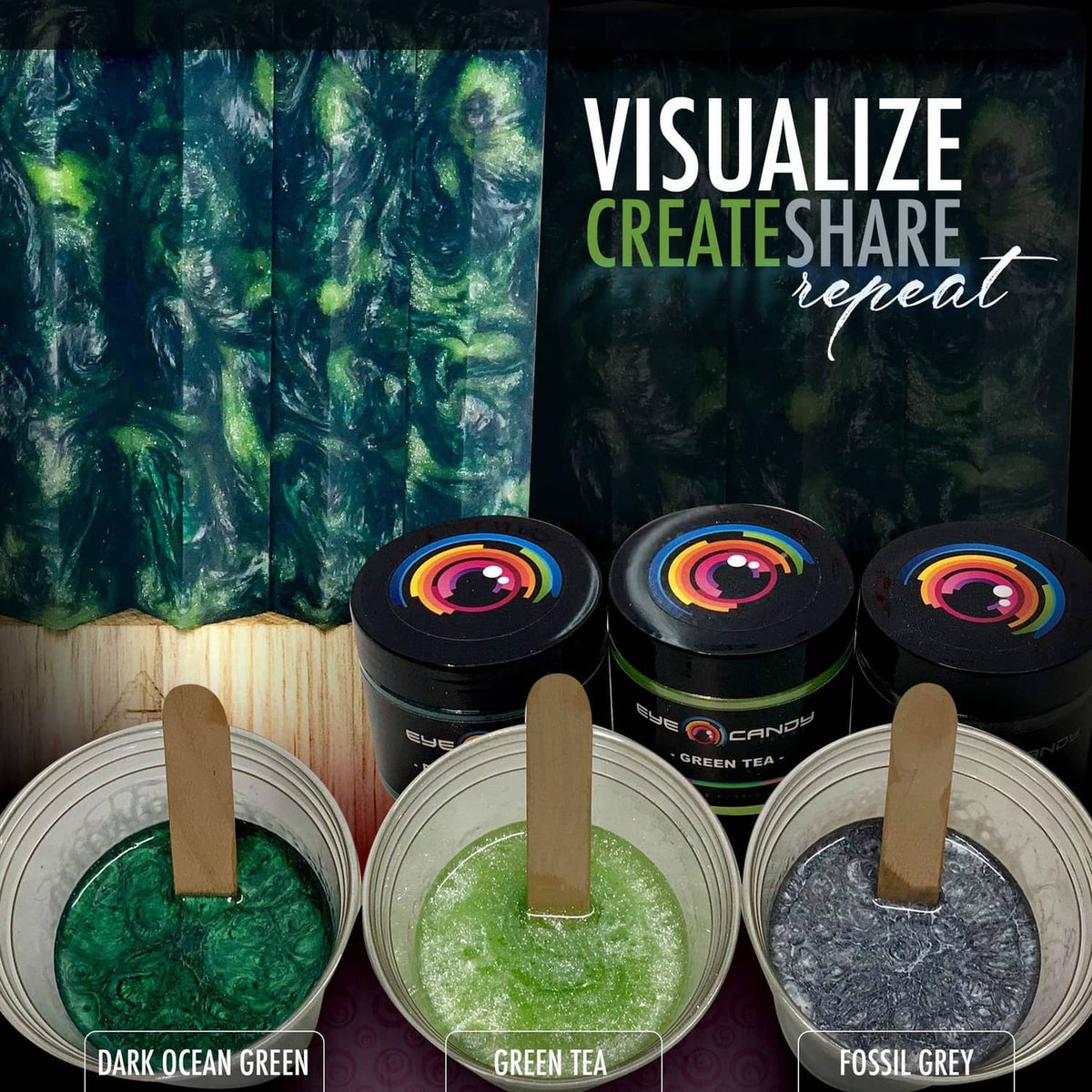 Multiple dark green pigment jars and open containers for color swirls