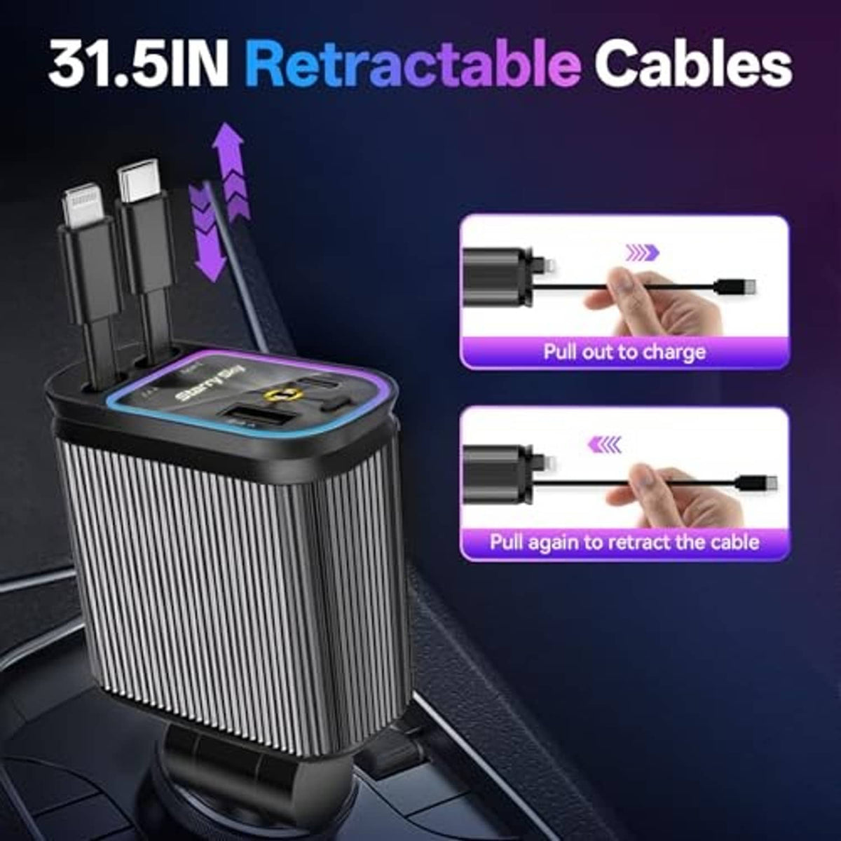 Retractable car charger dock with retractable cable and glowing indicator, silver and black