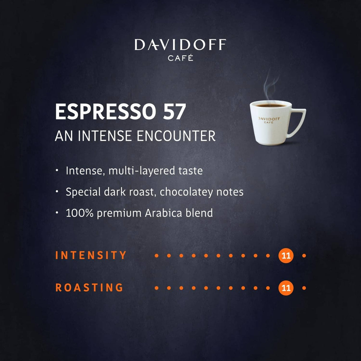Davidoff Espresso 57 instant coffee product info panel with cup icon