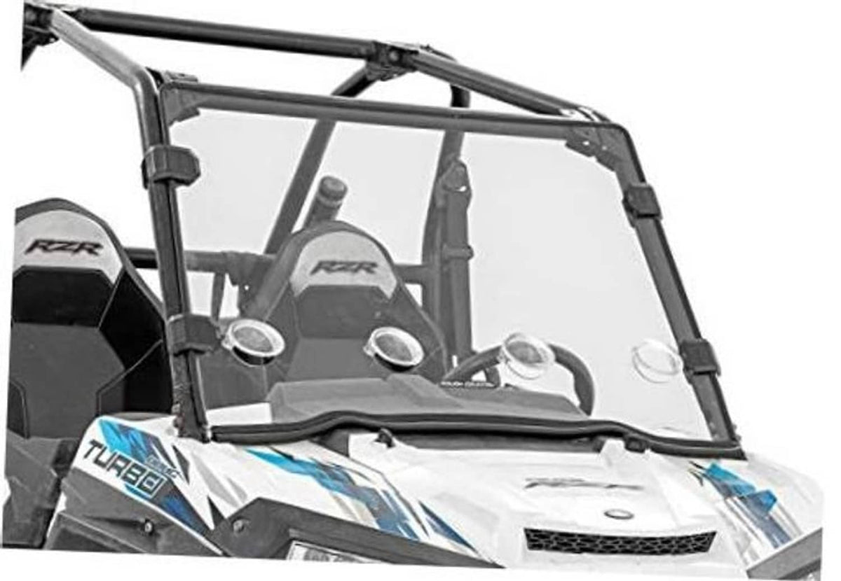 Front tinted windshield with black mounting brackets and UTV roll-cage frame