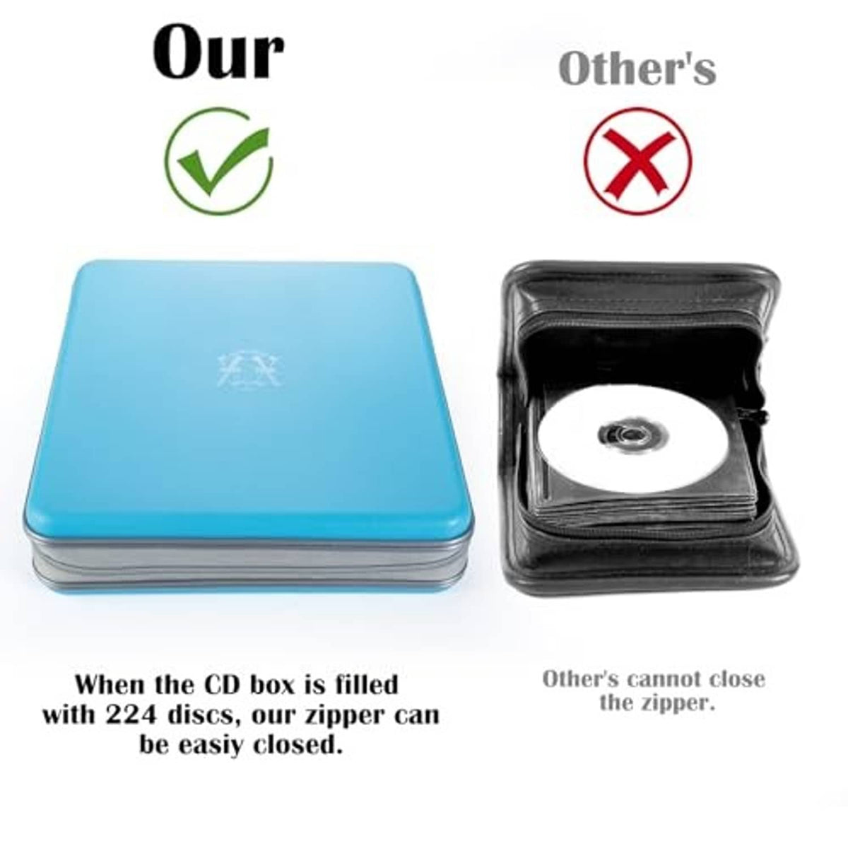 Stacked sky blue CD case organizer with zipper closure, shown beside darker case.