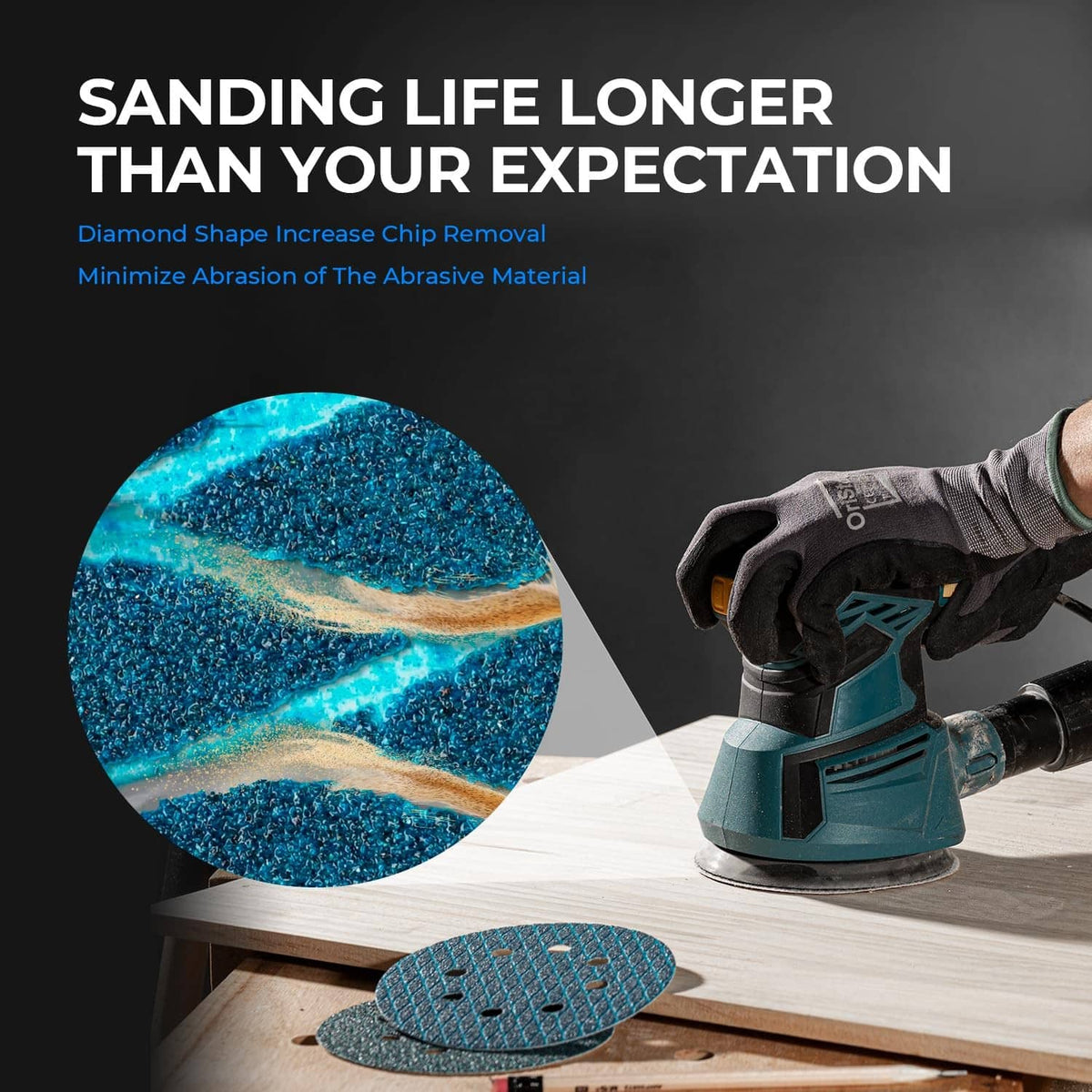 Blue diamond-shape sanding disc with textured abrasive surface and 8-hole pattern.