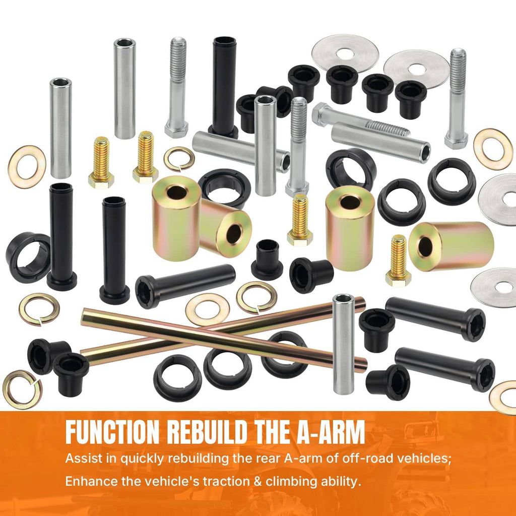 A-arm bushing shafts rebuild kit with black rubber bushings, silver bolts, and iridescent sleeves