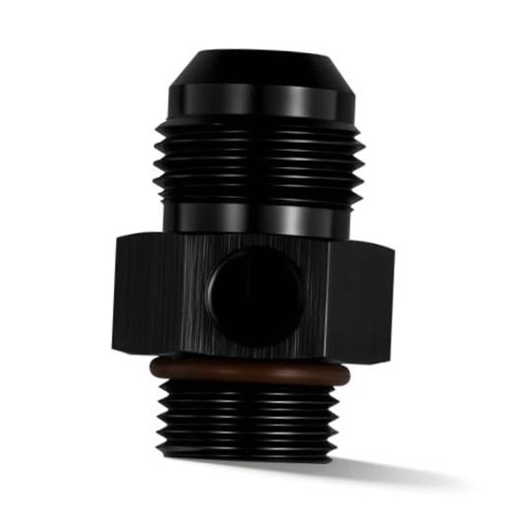 Black AN male to ORB male gauge port fitting, hex body with threaded ends