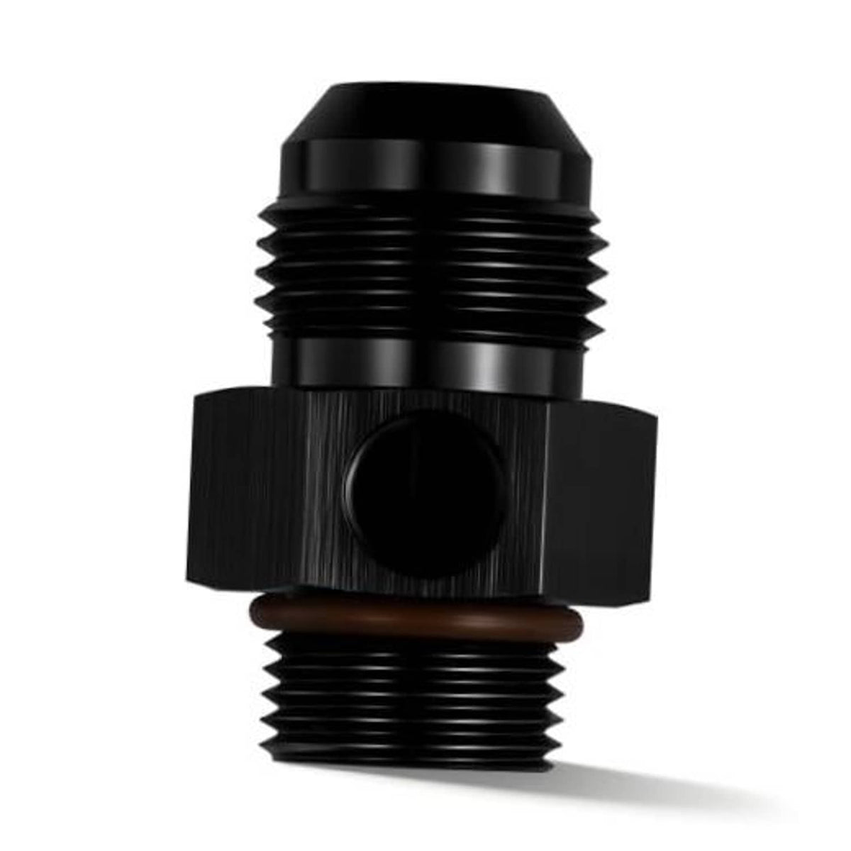Black AN male to ORB male gauge port fitting, hex body with threaded ends