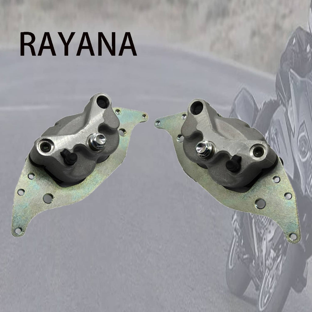 Left and right front brake calipers with black boots and steel support plates