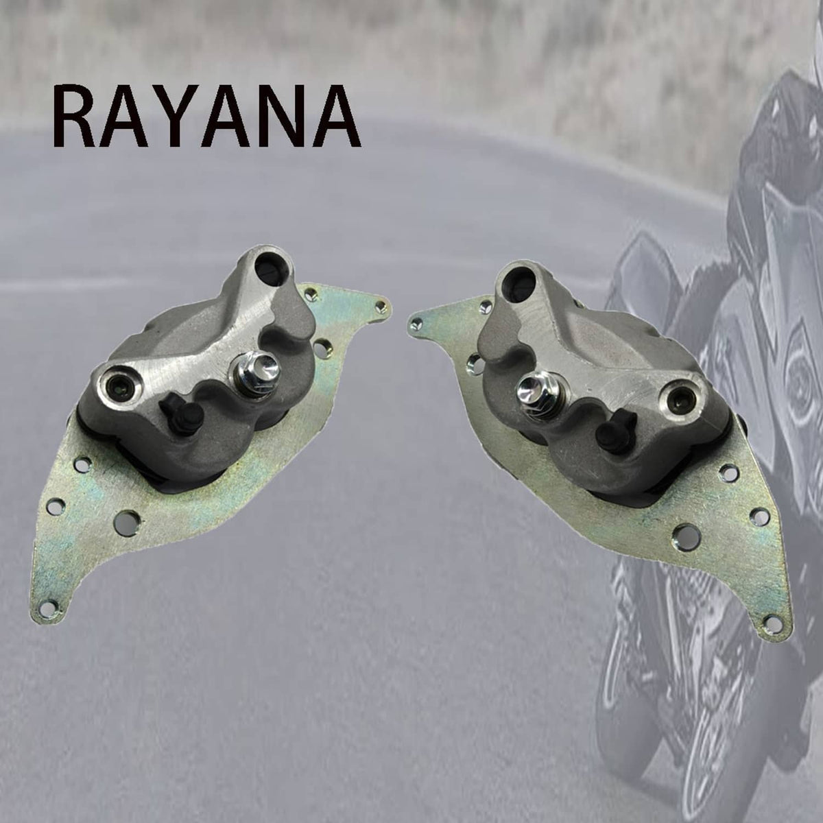 Left and right front brake calipers with black boots and steel support plates