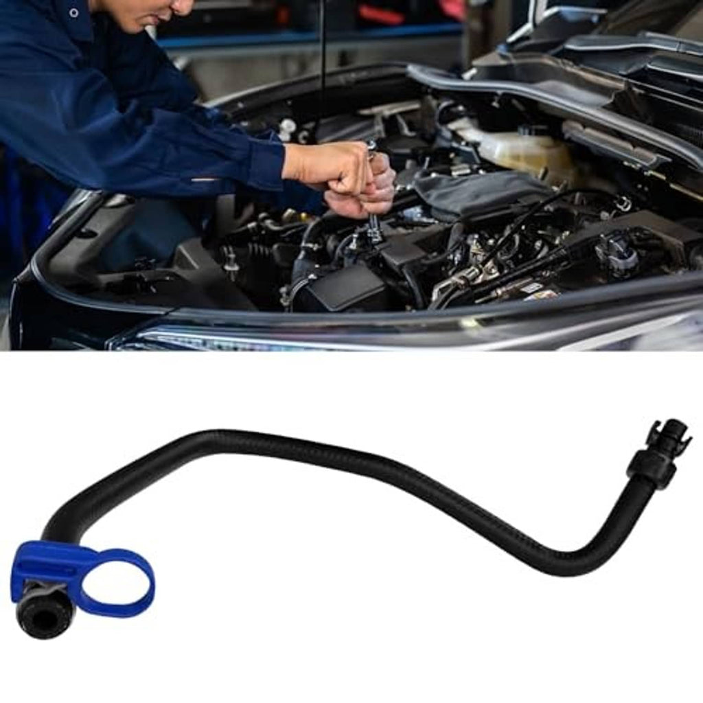 Black coolant bypass hose with blue connector ring and right-side plug