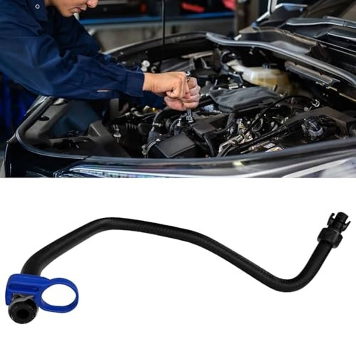 Black coolant bypass hose with blue connector ring and right-side plug