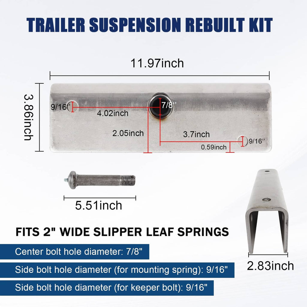 Trailer suspension rebuilt kit size diagram with equalizer length and mounting hole measurements