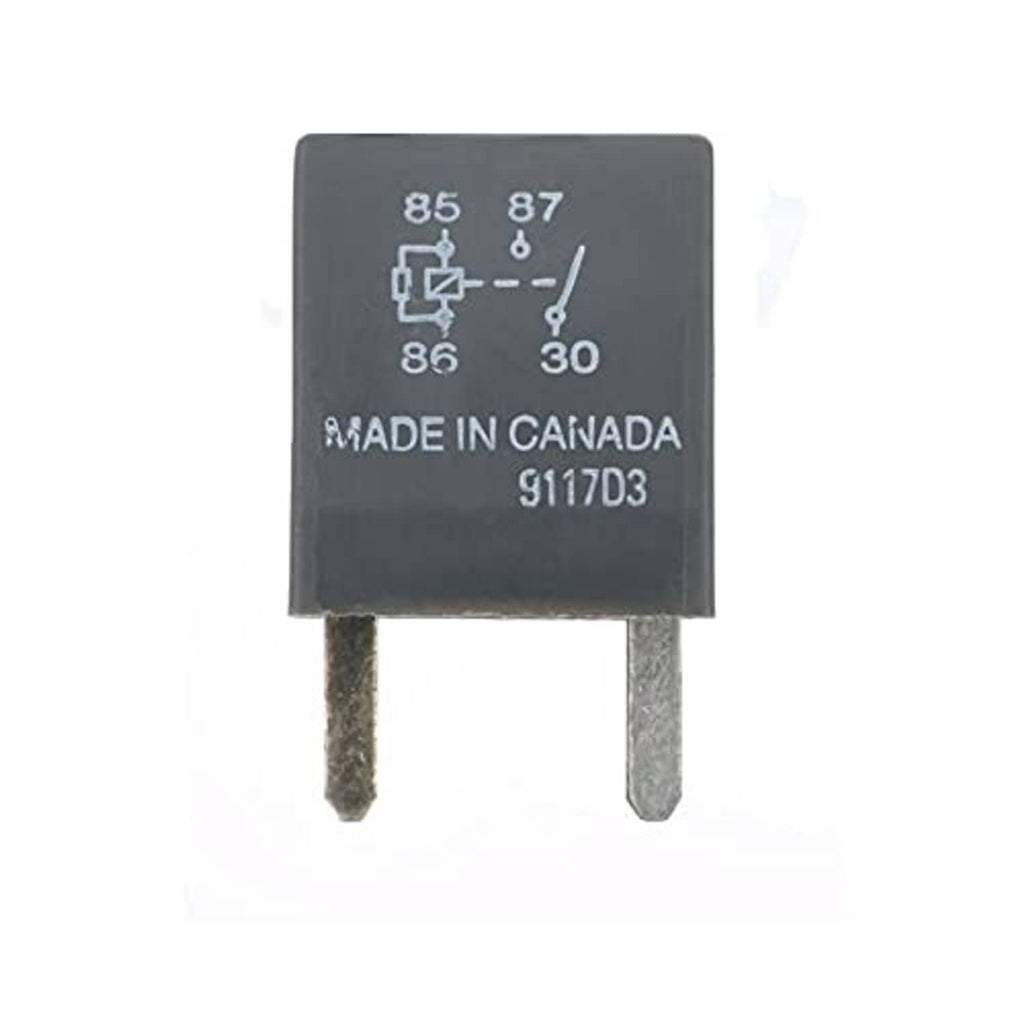 Dark gray automotive relay with contact diagram and Made in Canada label