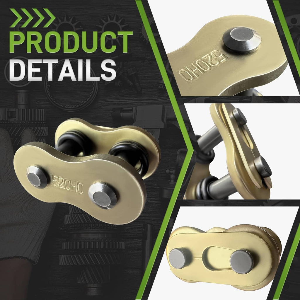 Gold 520HV-style chain connecting link with pins, close-up detail