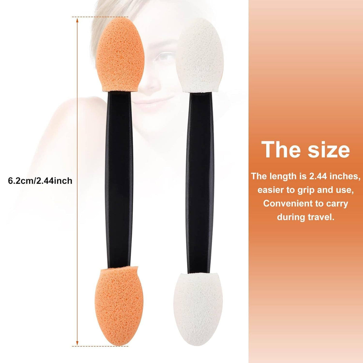 Dual-sided eyeshadow applicators, black handles with orange and white foam heads