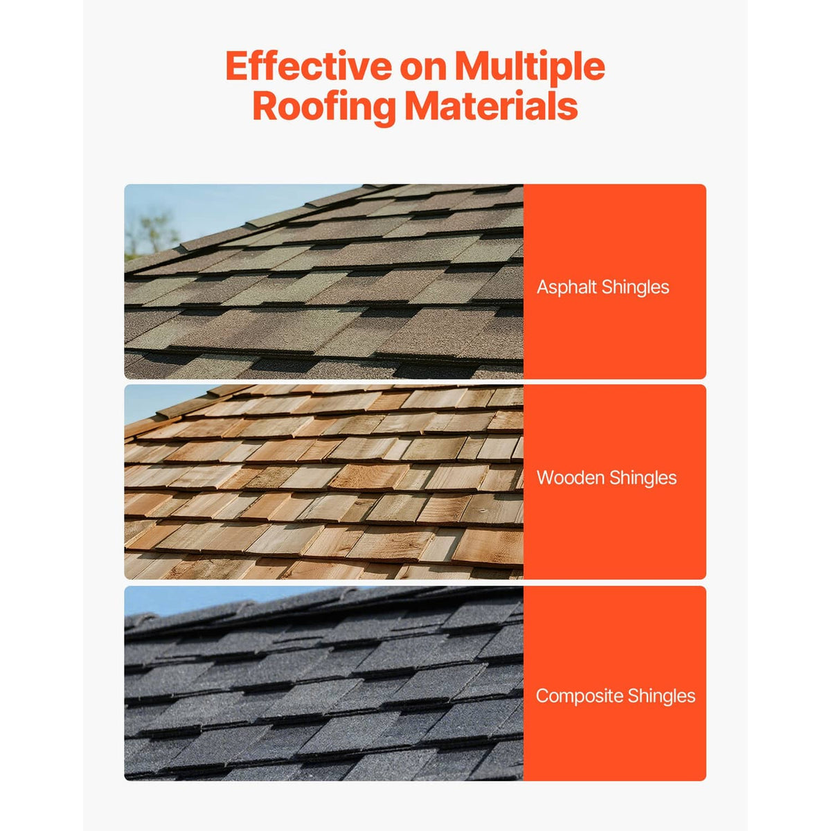 Orange shingle removal tool for asphalt, wood, and composite shingles with serrated blade