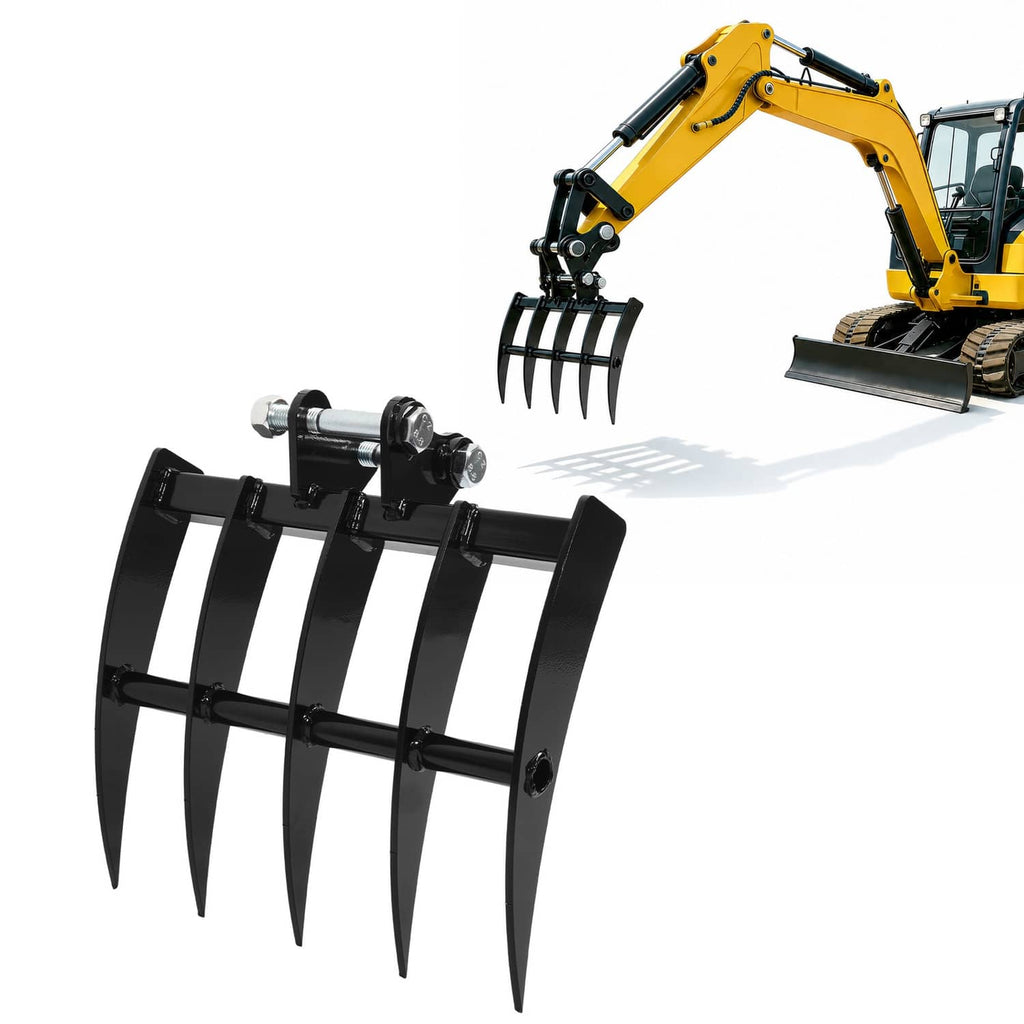Mini excavator rake attachment, black steel tines with hydraulic mounting pins