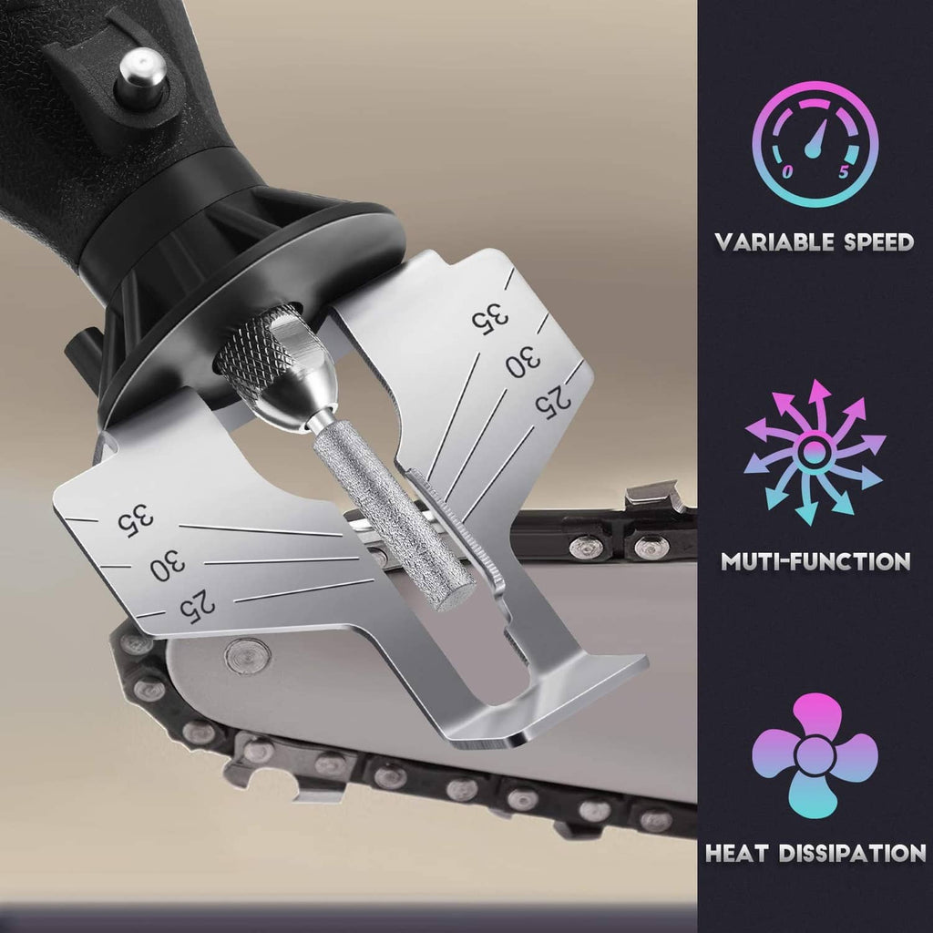 Electric chainsaw sharpener head with metal angle guide and grinding wheel