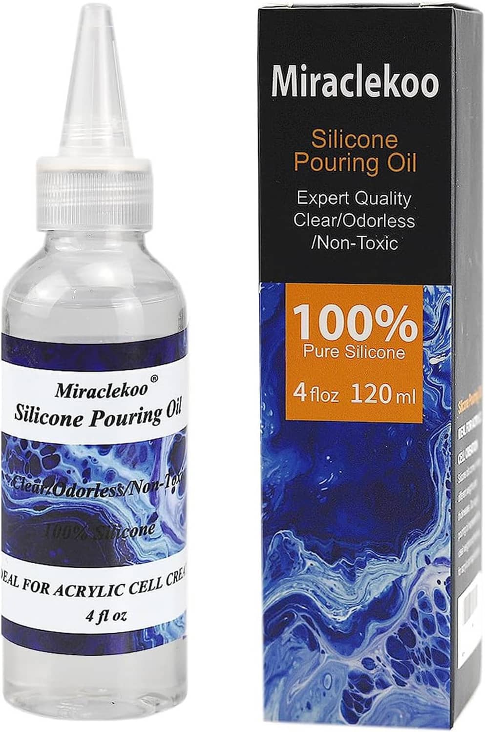 Clear silicone pouring oil bottle with blue label, 4 fl oz