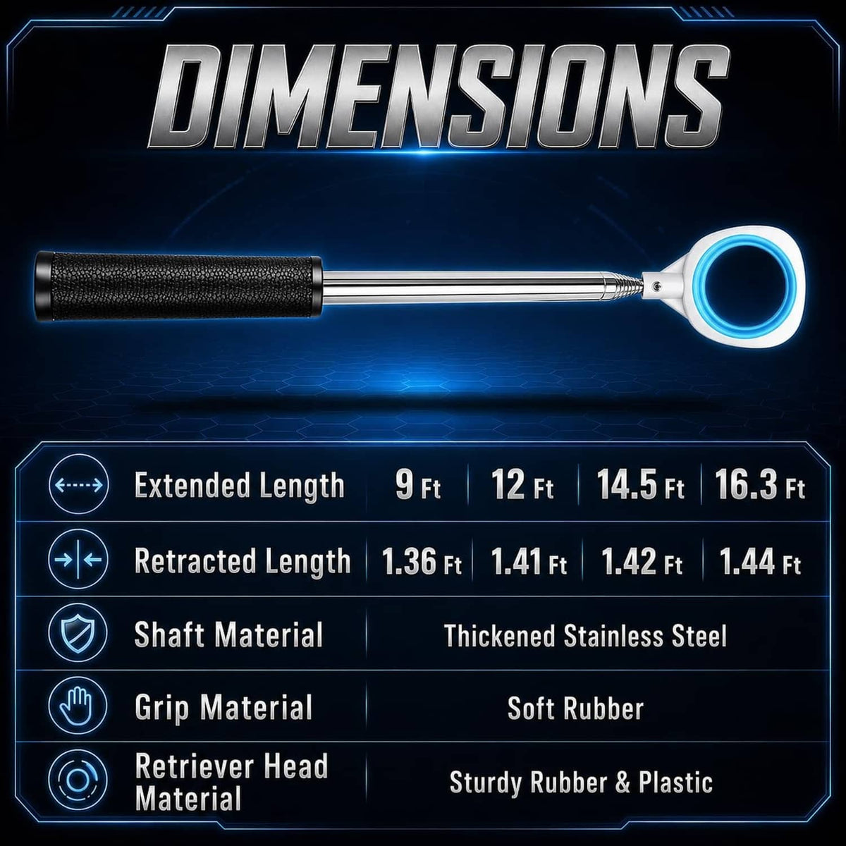Pressure golf ball retriever with black textured grip and blue-ring retriever head
