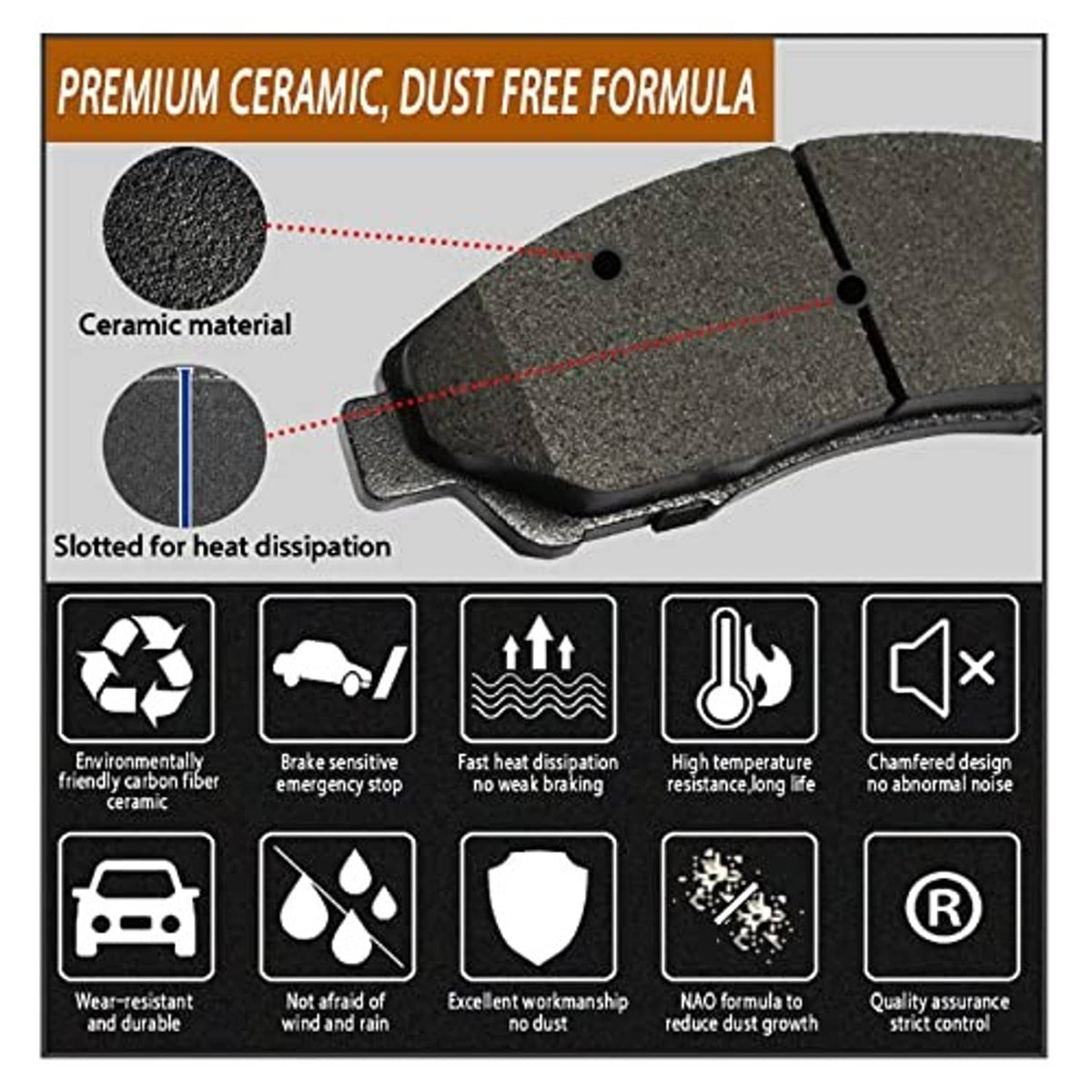 SIPAUTEC ceramic brake pads infographic: premium dust-free formula, slotted for heat