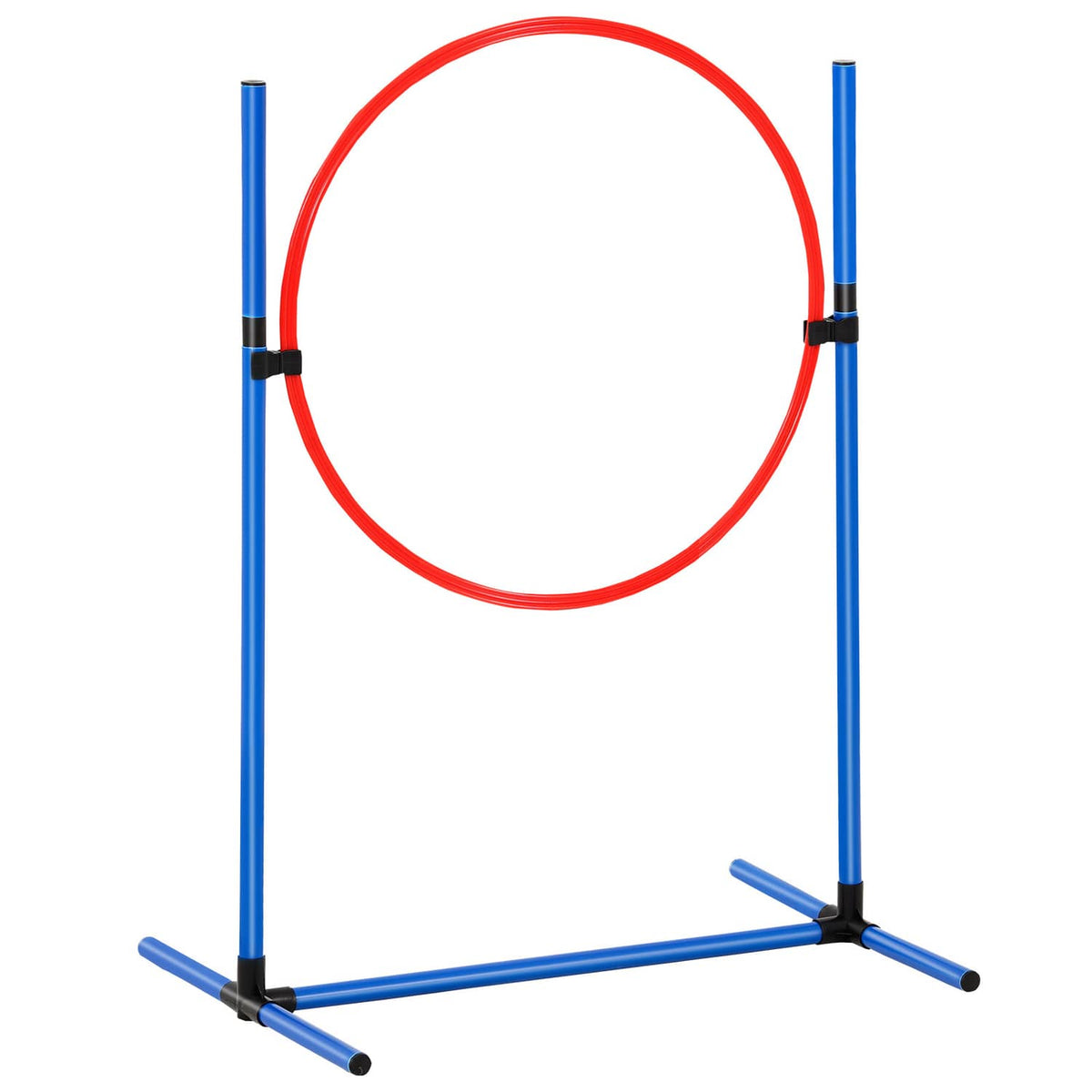 Blue stand with red hoop ring for dog agility training