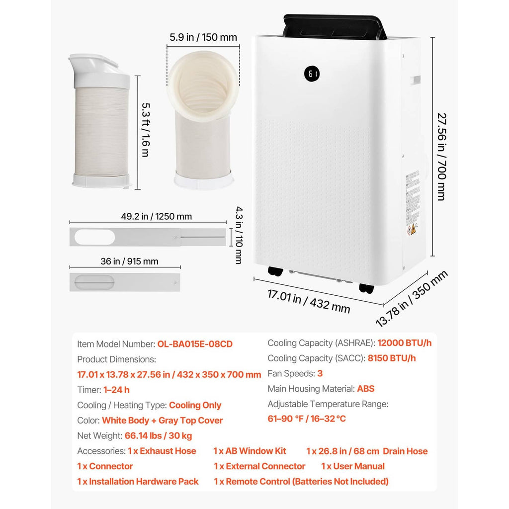 White portable air conditioner with exhaust hose and overall dimensions diagram