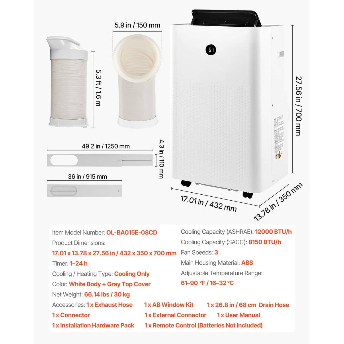 White portable air conditioner with exhaust hose and overall dimensions diagram