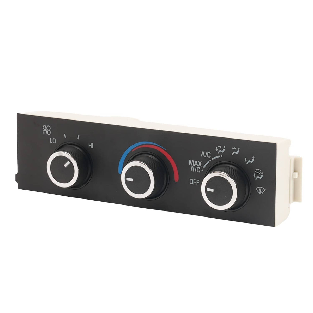 Climate control panel front face with three dials and connector side bracket
