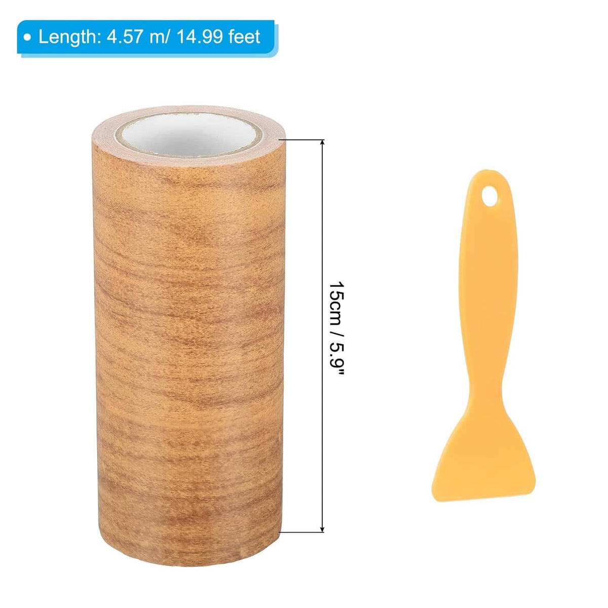 Wood-grain self-adhesive tape roll, tan maple wheat finish with yellow scraper