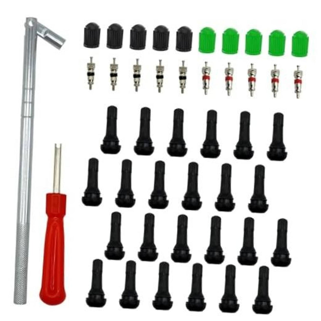 Tire valve stem set with puller tool: black and green snap-in valve stems
