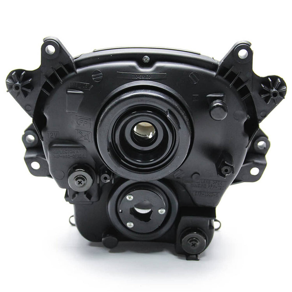Headlight assembly rear housing with circular connectors and mounting brackets, black plastic