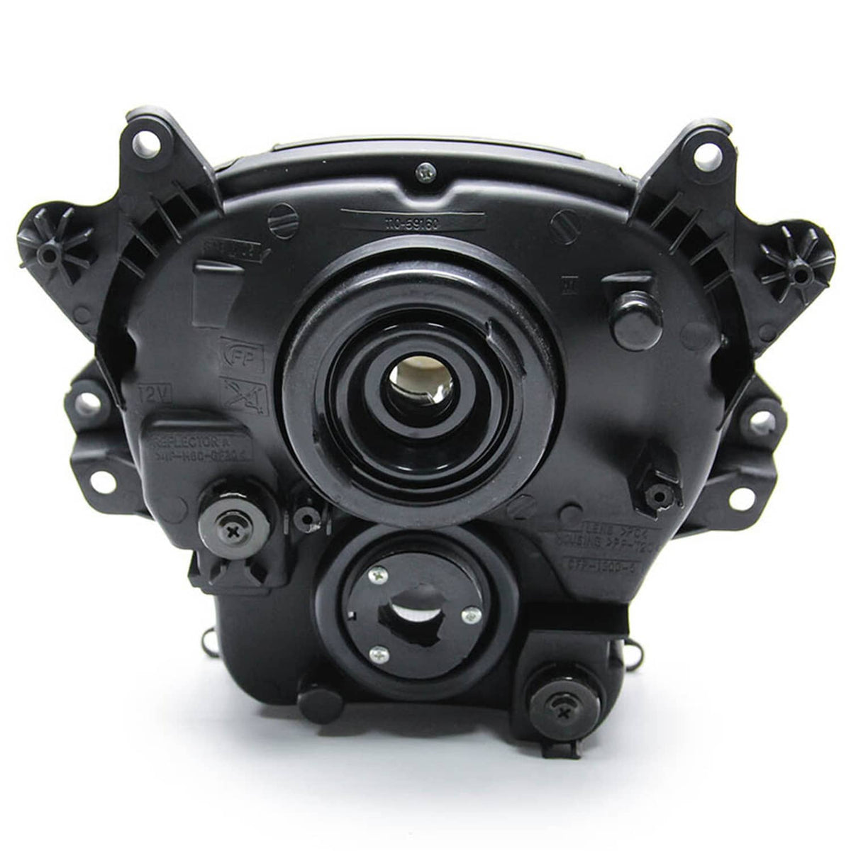 Headlight assembly rear housing with circular connectors and mounting brackets, black plastic