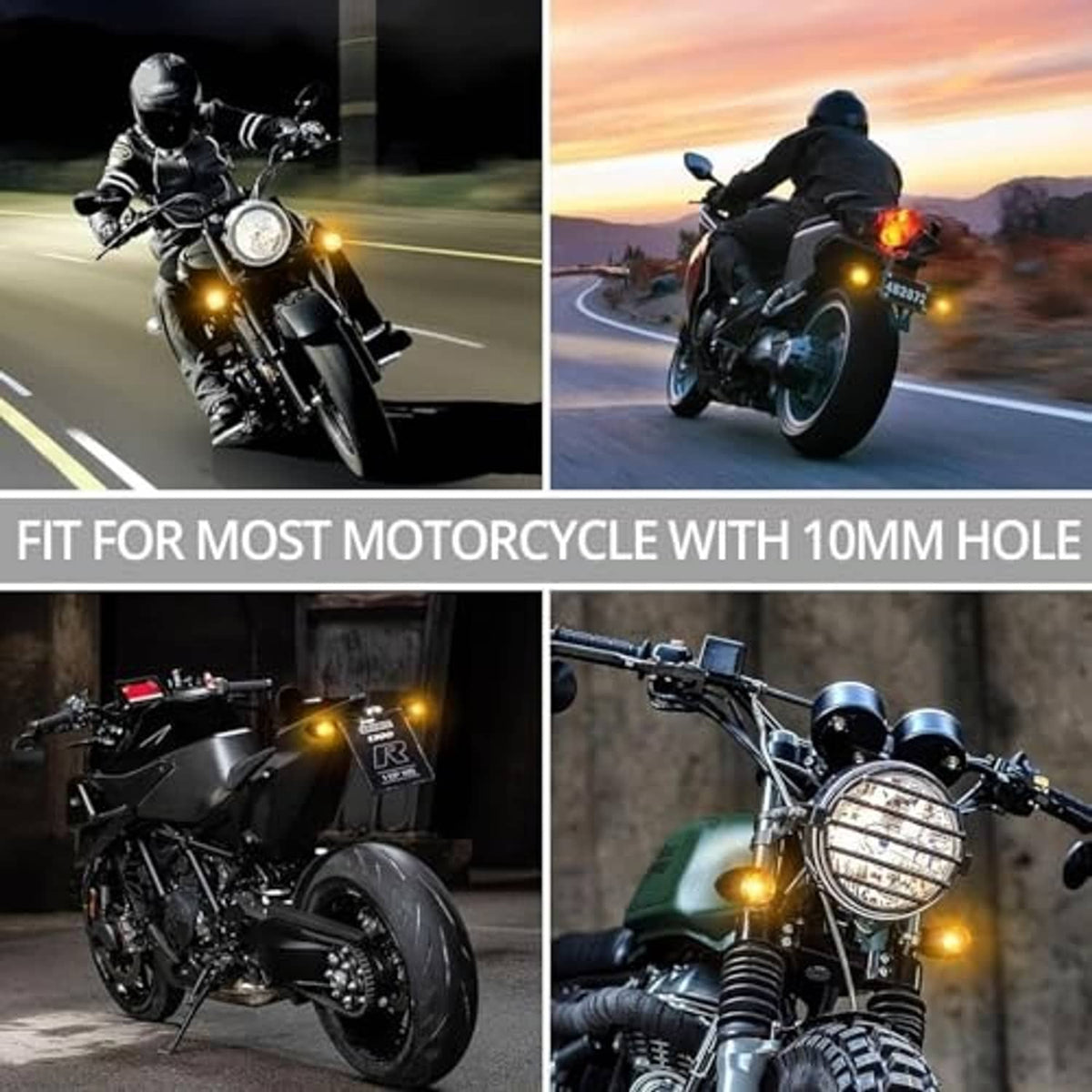 Motorcycle turn signal lights glowing amber on black motorcycle front and rear