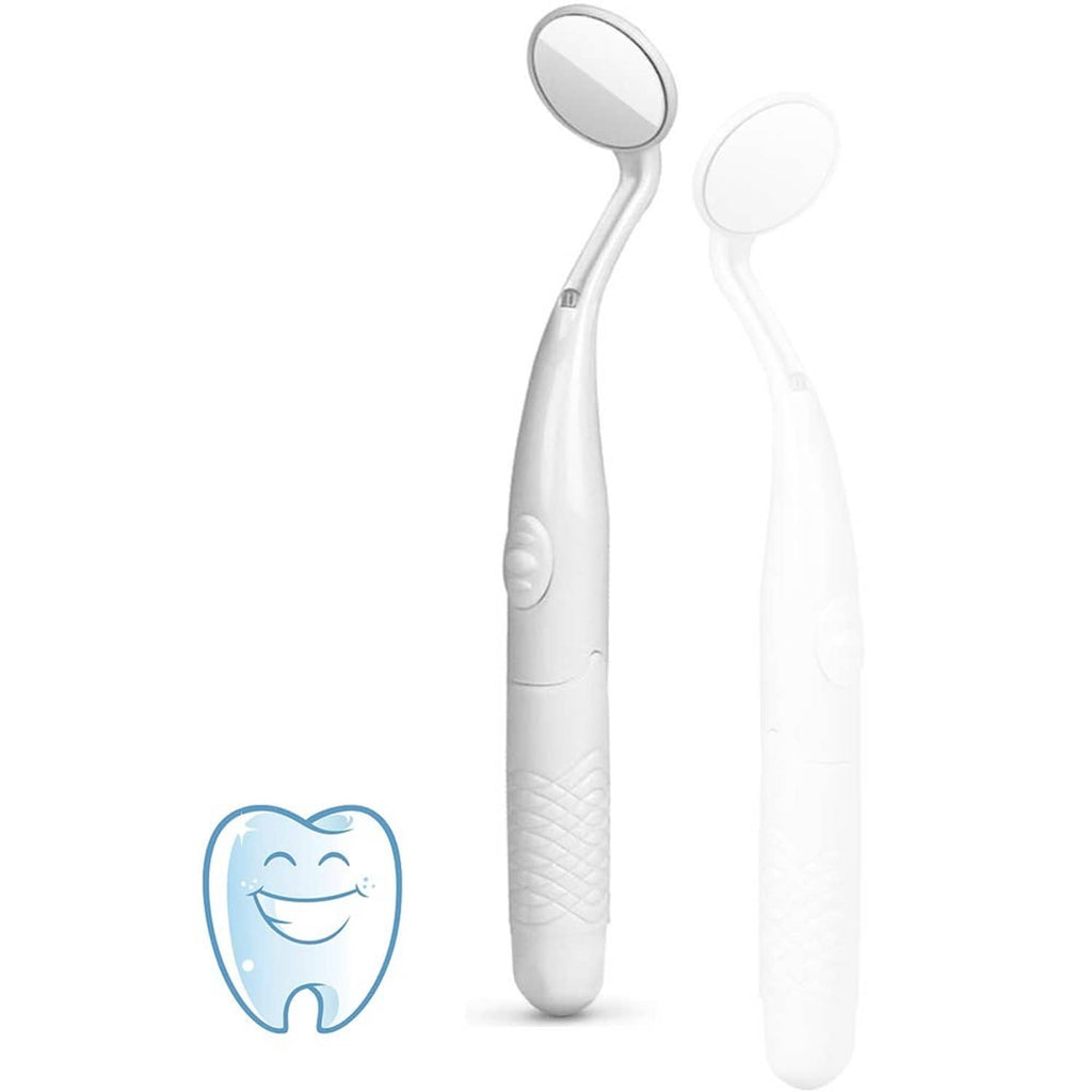 Set of handheld dental mirrors with LED light, two white handles with round mirror heads