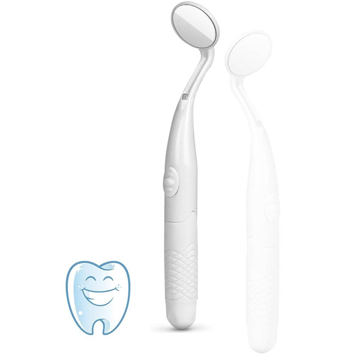 Set of handheld dental mirrors with LED light, two white handles with round mirror heads
