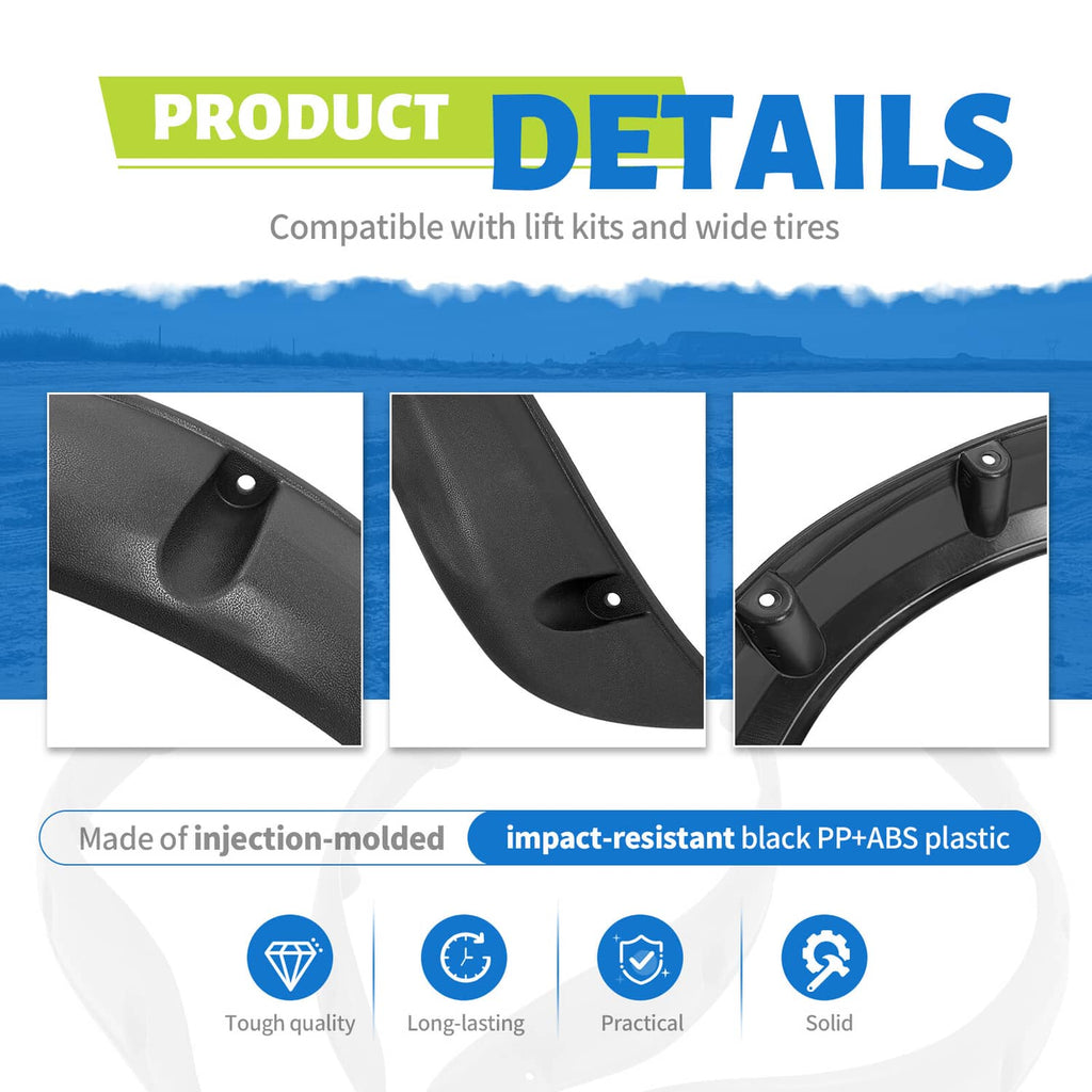 Injection-molded black fender flare set detail pieces with mounting features.