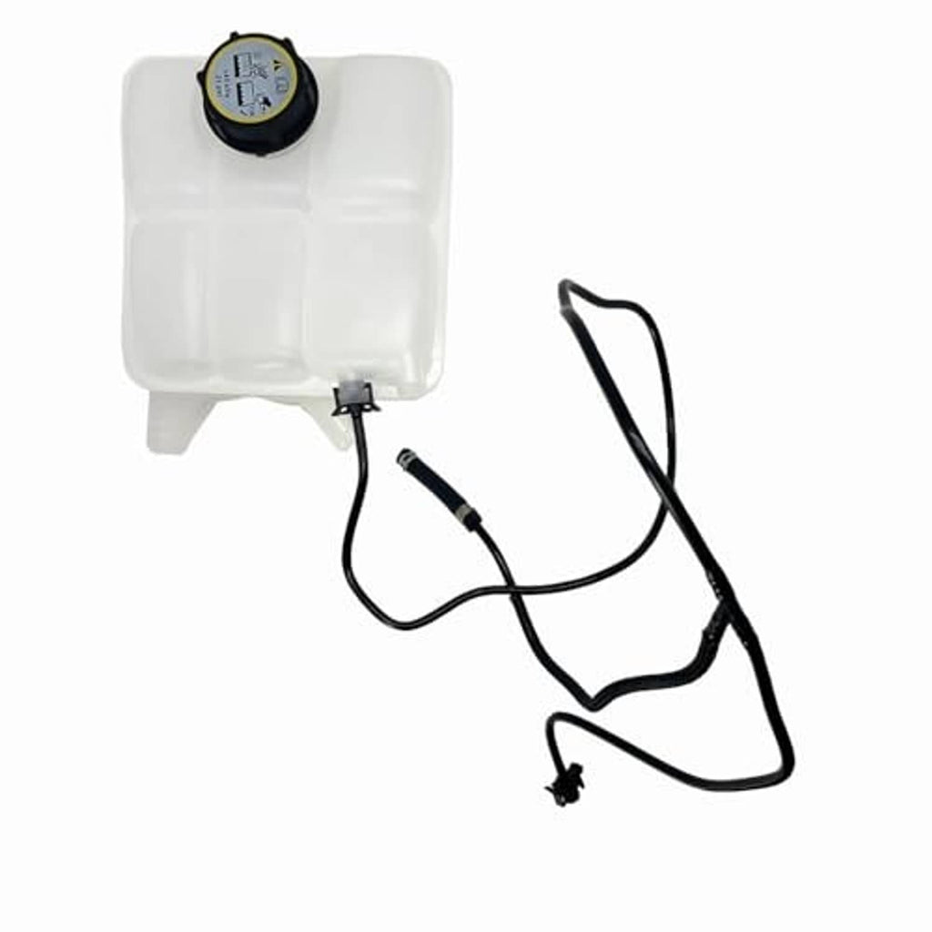 White front engine coolant reservoir tank with attached black hose