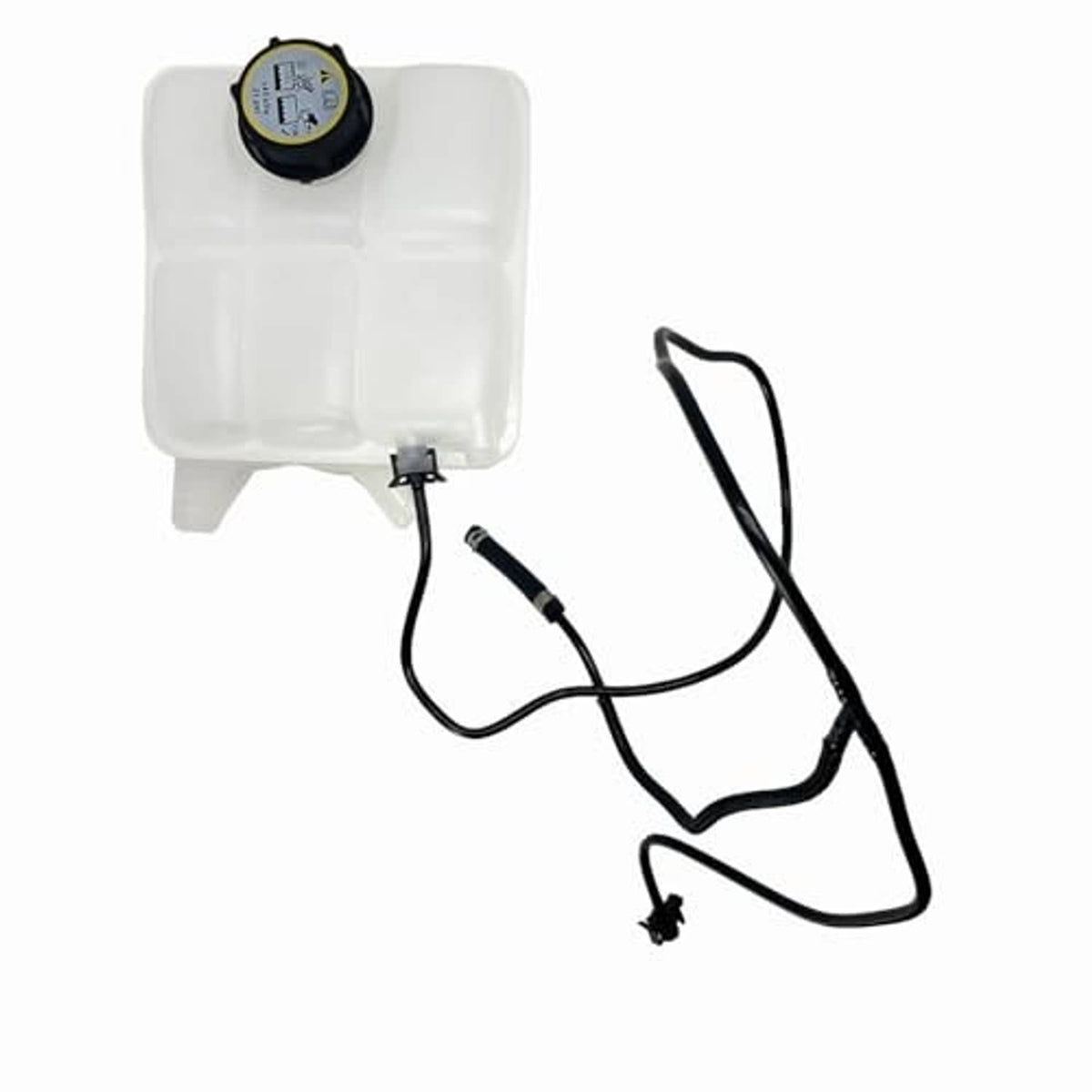 White front engine coolant reservoir tank with attached black hose