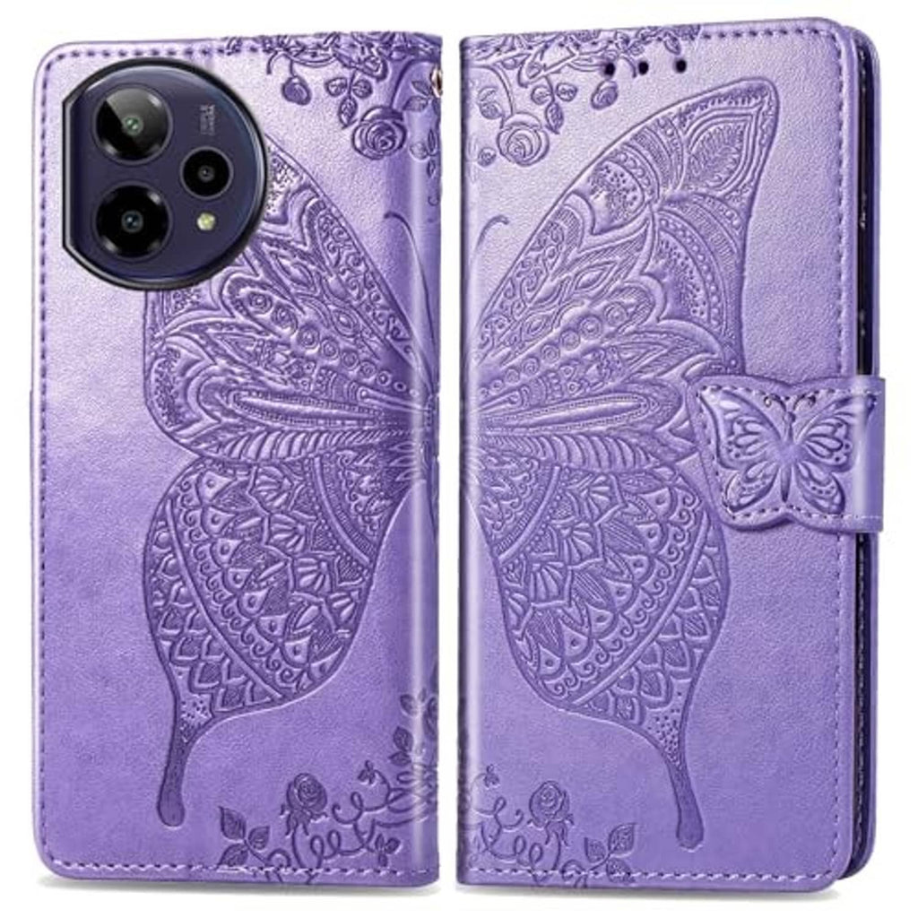 Light purple folio phone case with camera cutout and embossed butterfly design on front