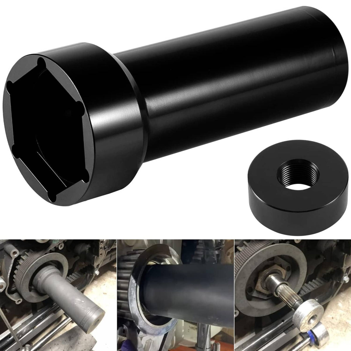 Mainshaft sprocket lock nut socket tool with black steel body and hex drive end
