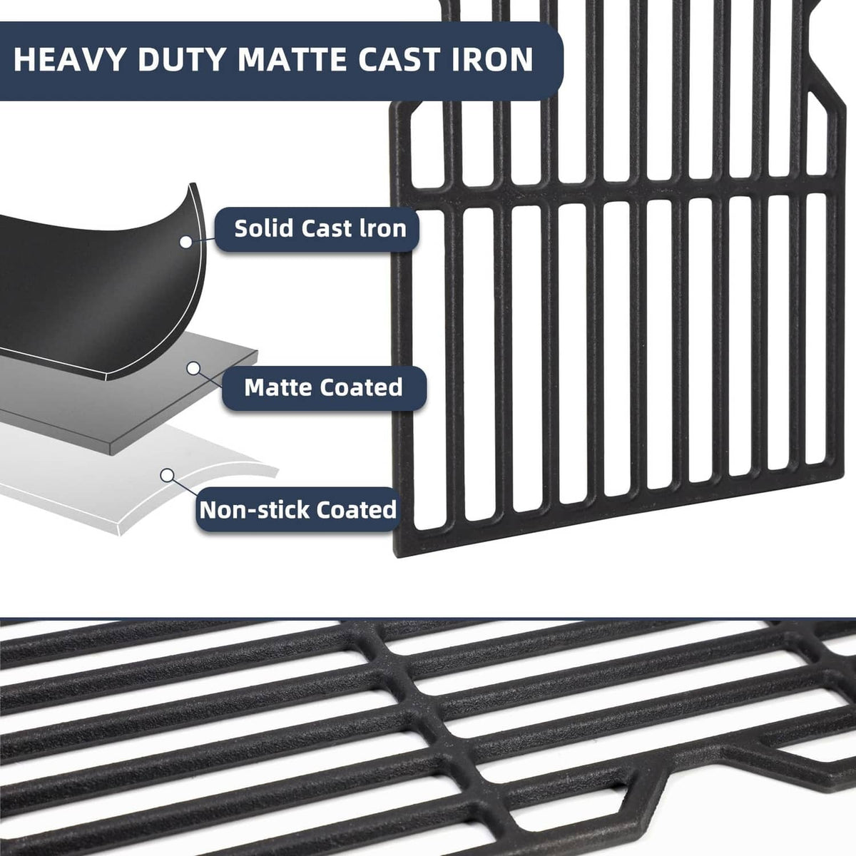 Heavy-duty matte cast iron grill grate with vertical bars and non-stick coating