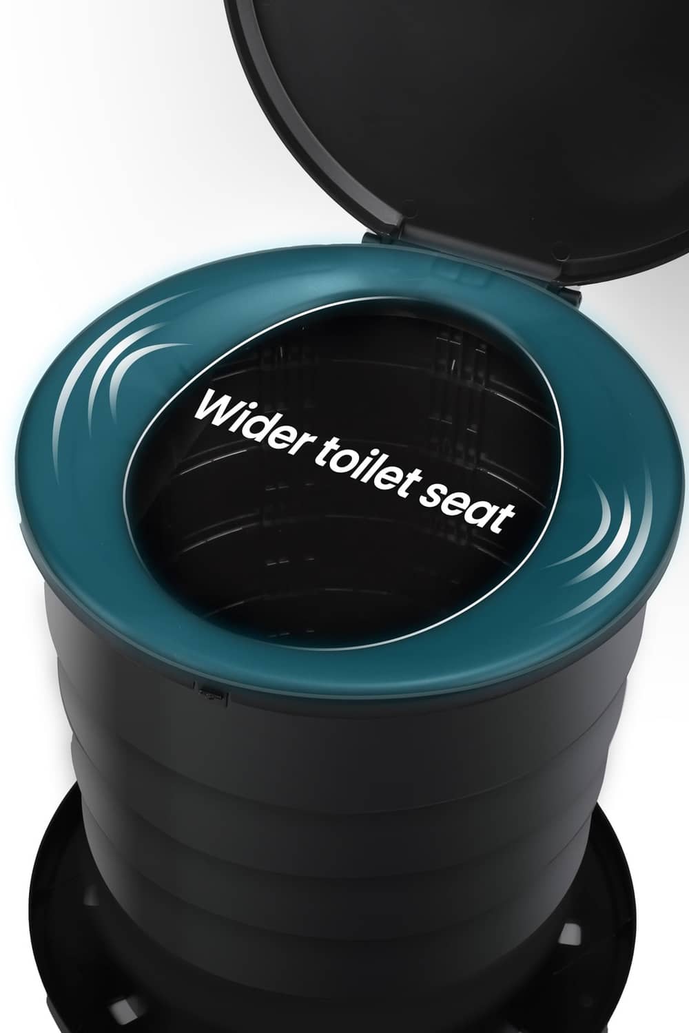 Portable foldable toilet with teal wide seat opening and black lid
