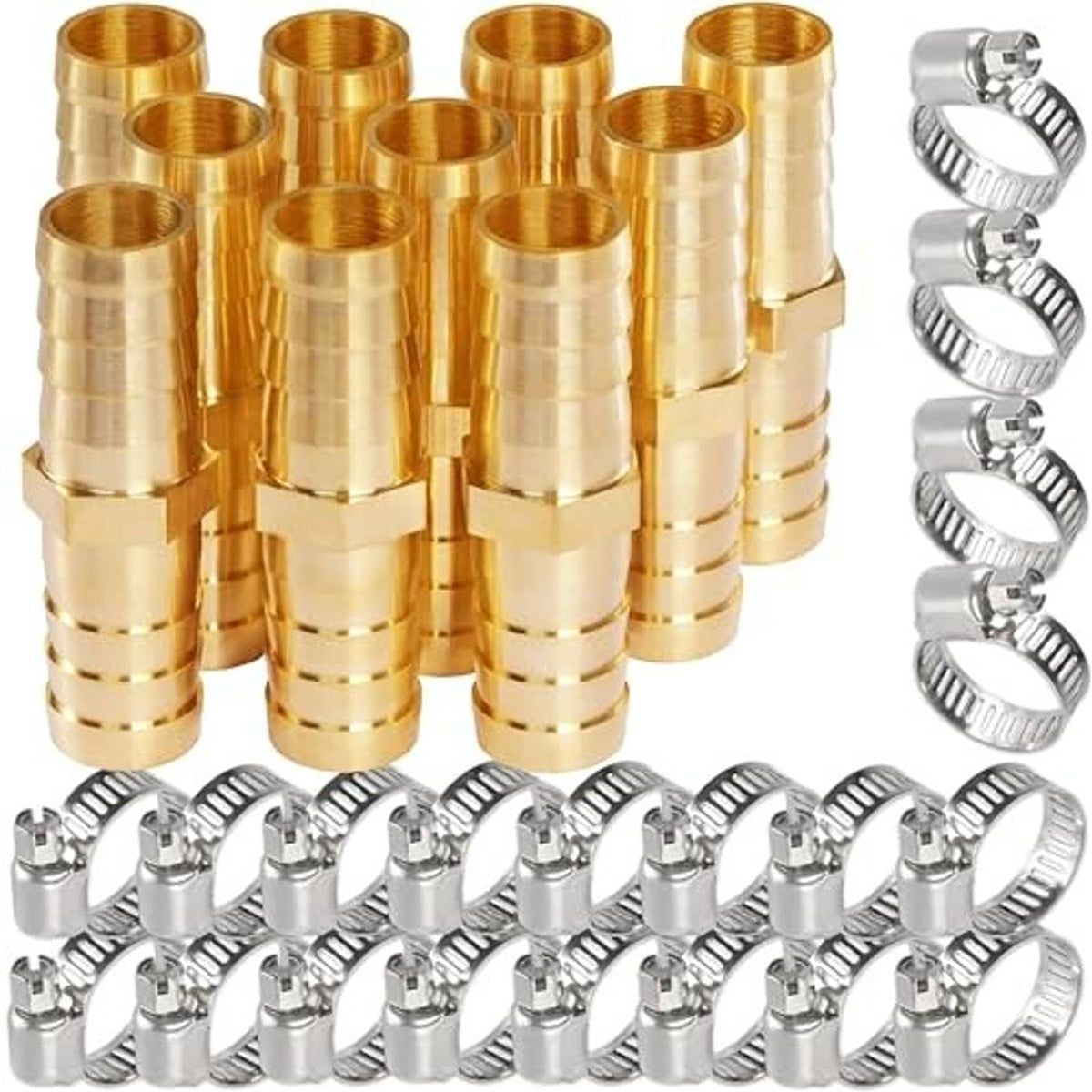Set of brass hose barb fittings with matching silver pipe clamps, bundled for installation