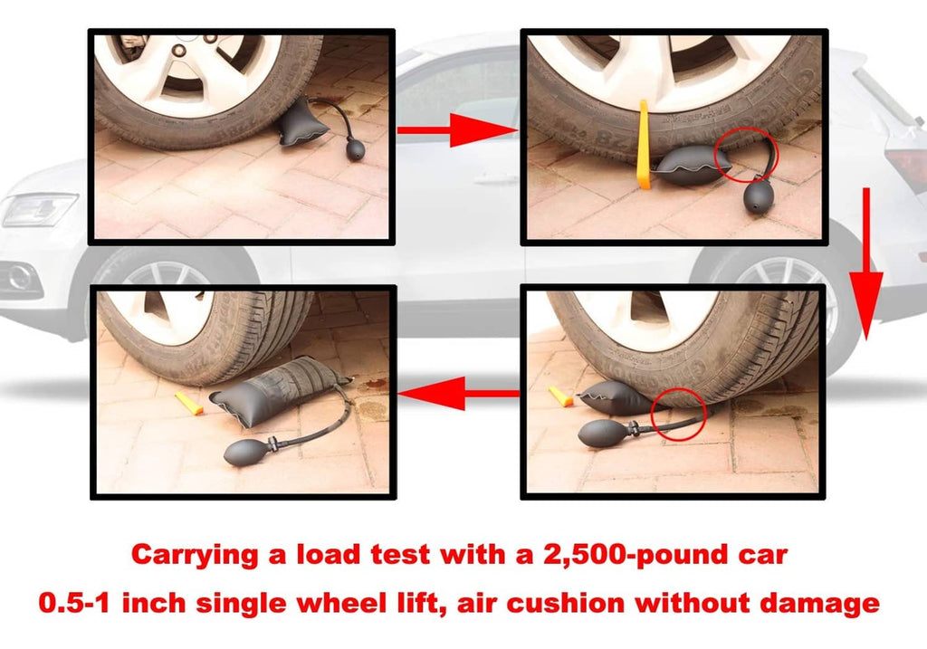 Air pump wedge lifting tool shown in use under a car tire without visible damage