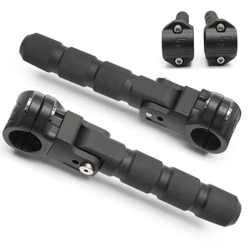 Two black motorcycle highway pegs with textured surfaces and metal mounting brackets
