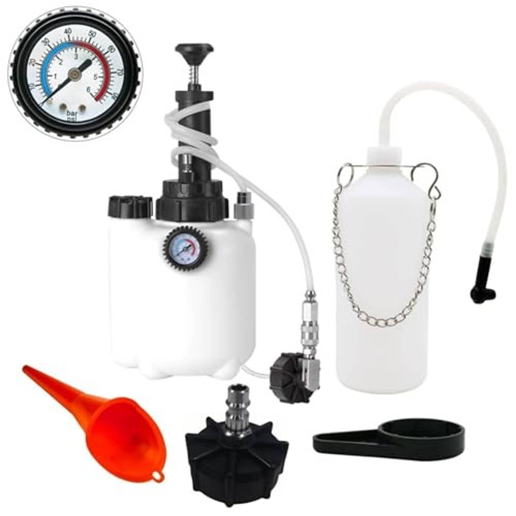 Brake fluid bleeder pump kit with pressure gauge, bottle, hose, and included connectors