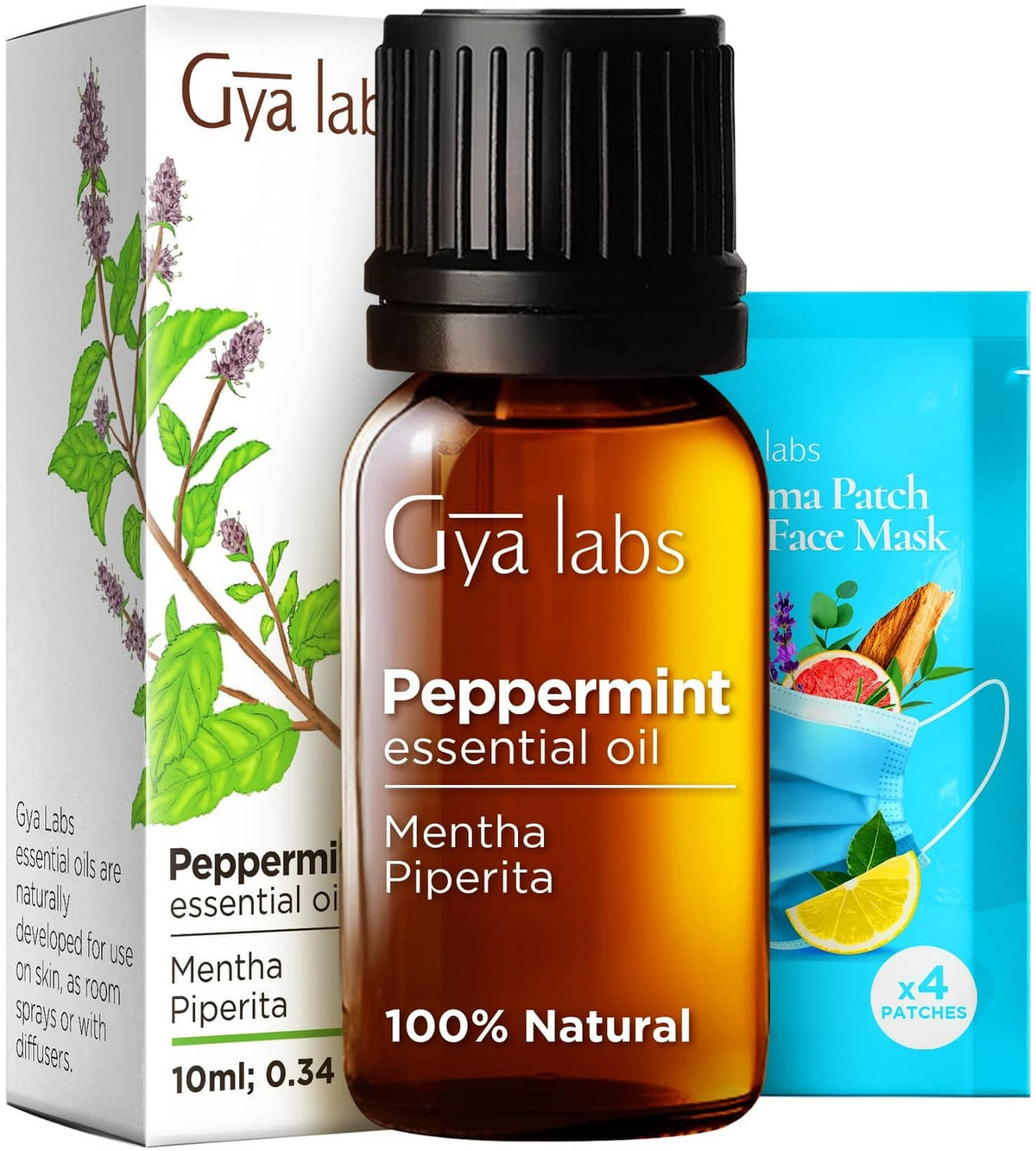 Peppermint essential oil bottle with matching packaging and face mask boxes
