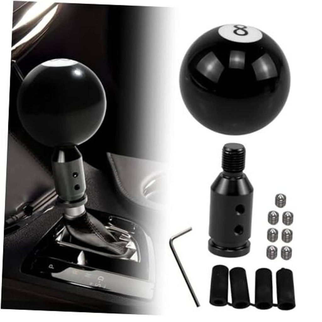 Black 8-ball gear shift knob with threaded adapter, bolts, and rubber covers