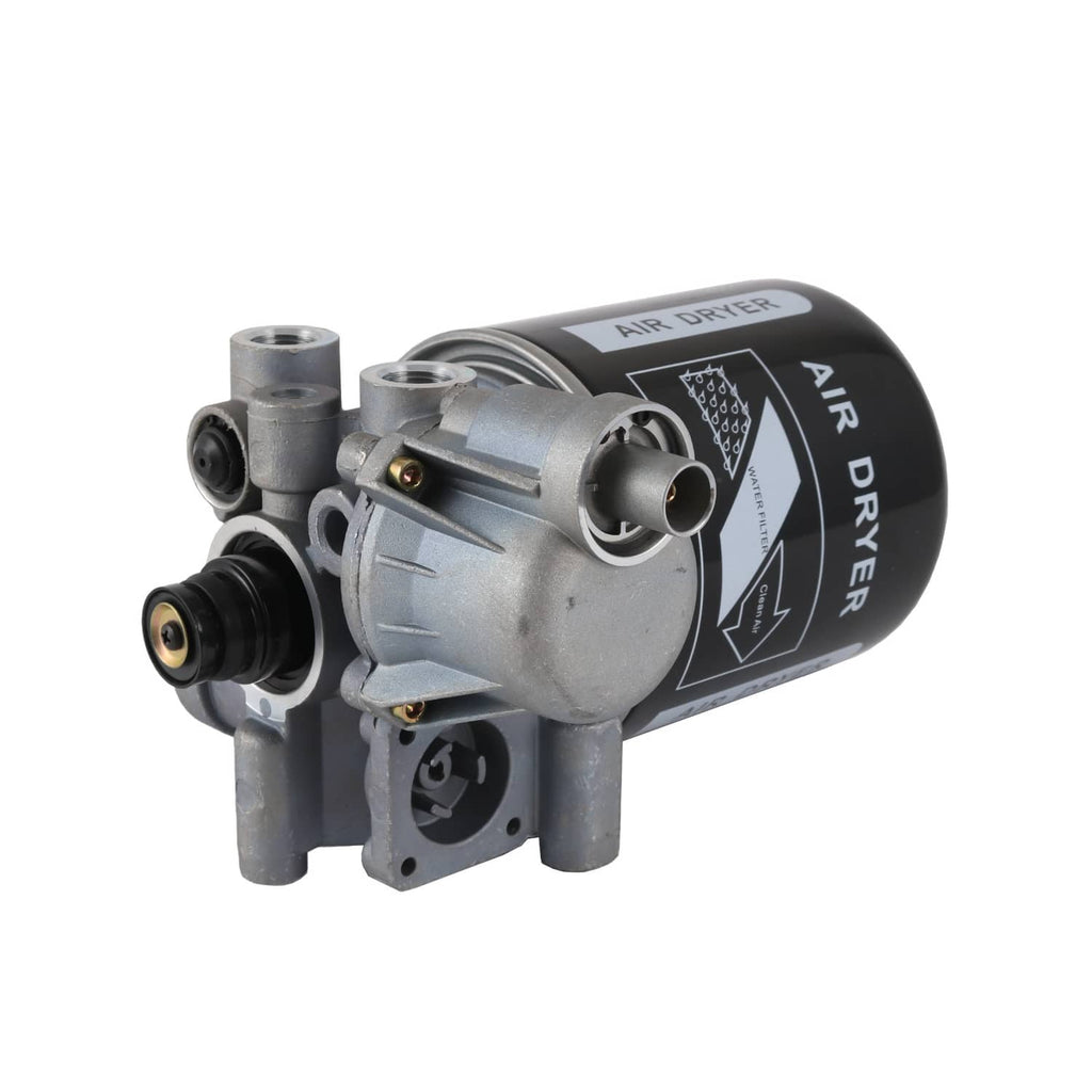 Air dryer with black cylinder and gray compressor-style valve housing